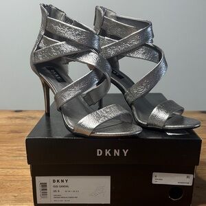 DKNY Iggi Metallic Silver Strappy Heels Size 6